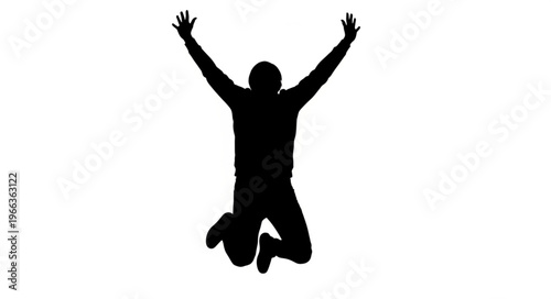 Silhouette of a Person Jumping with Arms Raised in Celebration.