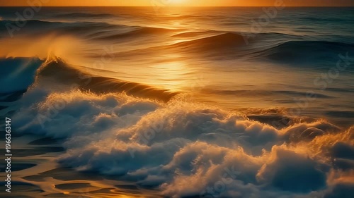 Cinematic ocean waves cresting and crashing at sunset with golden fiery reflections and luminous sea spray