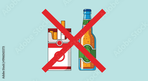 No smoking and no alcohol concept illustration, cigarette pack and beer bottle crossed sign, healthy lifestyle awareness symbol