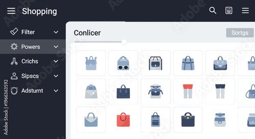 User interface displaying a collection of diverse bag icons for shopping filters and selection