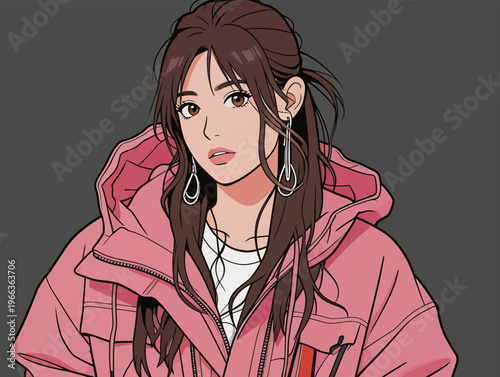 Young woman wearing a pink jacket with long hair, sitting indoors, looking at the viewer