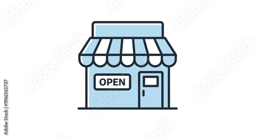 Blue storefront icon with an open sign and awning