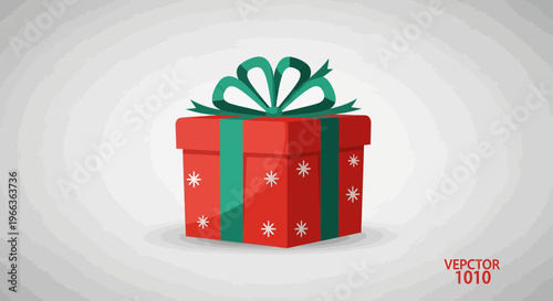 Festive red gift box with green ribbon and snowflake details isolated on transparent background