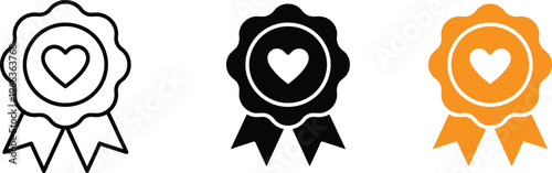 Set of heart shaped award ribbons in black line, Black solid and orange colors for excellence and love concepts