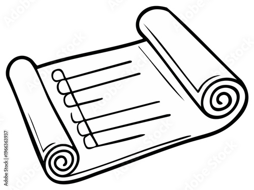 Black and white illustration of an ancient scroll with text on it