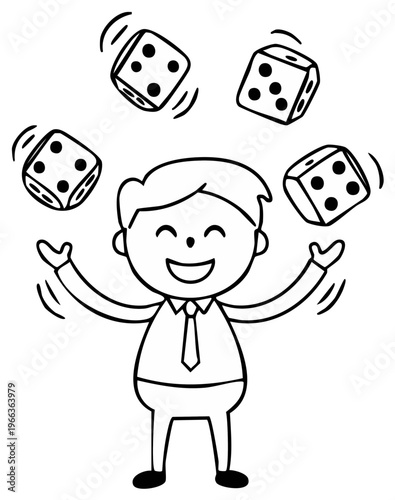 Animated man happily juggling several rolling dice representing luck or games of chance and risk taking.