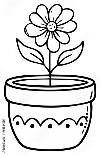Hand drawn outline of a simple flower blooming in a decorative pot on a stem with leaves