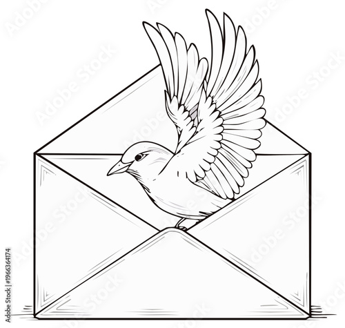 Bird emerging from an open envelope spreading its wings and taking flight graphic art