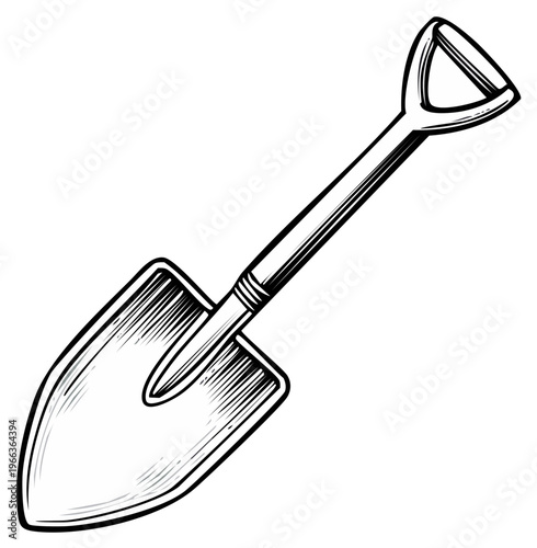 Garden shovel with pointed blade and wooden handle in vintage sketch style