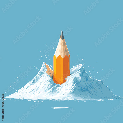 Illustration of a giant pencil sharpener, with shavings forming a mountain around it, all in a clean, vector style , vector style simple color