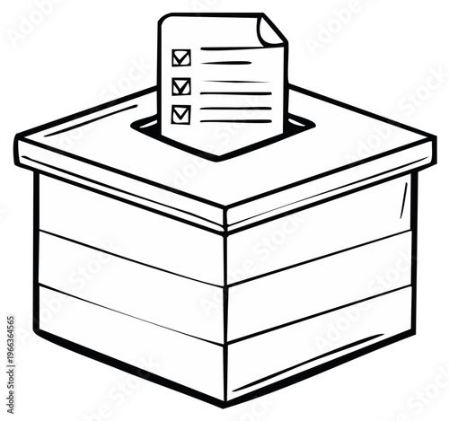 Hand-drawn illustration of a ballot box with a checklist on a piece of paper.