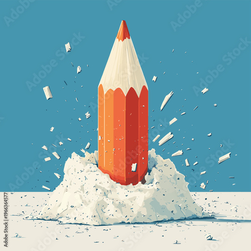 Illustration of a giant pencil sharpener, with shavings forming a mountain around it, all in a clean, vector style , vector style simple color