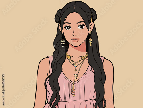 Woman wearing jewelry stands with a neutral background while looking toward the viewer in this animated design