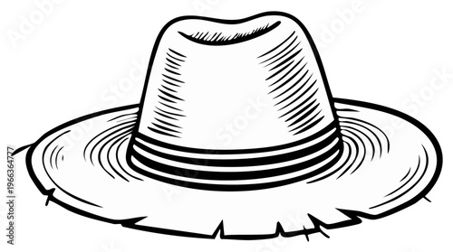 Hand drawn illustration of a straw hat with a striped band and wide brim