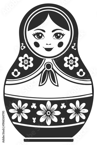 Black and white illustration of a traditional Matryoshka doll with floral designs and a smiling face.