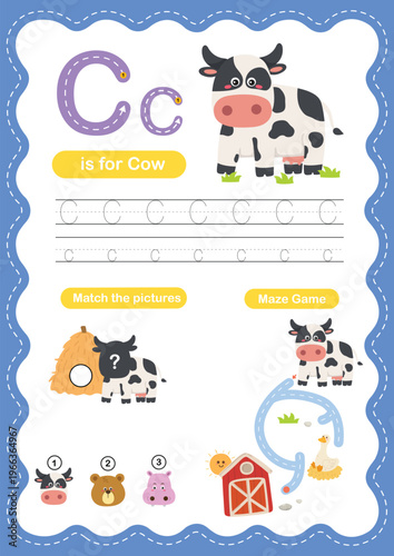 Alphabet Letter C Tracing Worksheet for Kids, Preschool and Kindergarten Handwriting Practice, C is for Cow ABC Learning Printable
