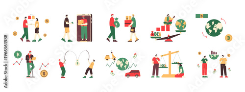 Collection of 10 trade war illustrations. Flat vector concept.