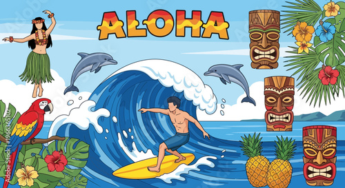 Aloha Hawaii Tropical Surfing Beach Scene with Hula Dancer, Dolphins, Tiki Masks