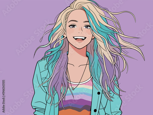 Young woman with colorful hair smiles against a purple background during daytime