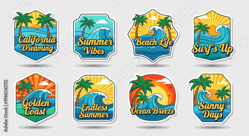 Summer Beach Vibes Stickers: Palm Trees, Waves, Sun, California Dreaming