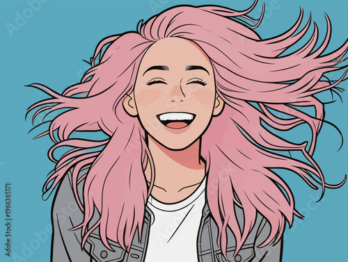 Girl with pink hair smiles happily against a blue background, showcasing joy and fun during a carefree moment