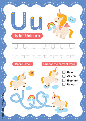 Alphabet Letter U Tracing Worksheet for Kids, Preschool and Kindergarten Handwriting Practice, U is for Unicorn ABC Learning Printable