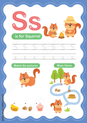 Alphabet Letter S Tracing Worksheet for Kids, Preschool and Kindergarten Handwriting Practice, S is for Squirrel ABC Learning Printable