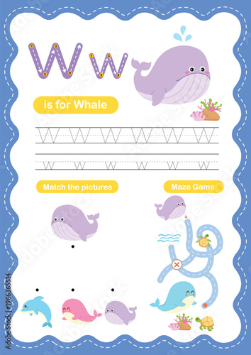 Alphabet Letter W Tracing Worksheet for Kids, Preschool and Kindergarten Handwriting Practice, W is for Whale ABC Learning Printable