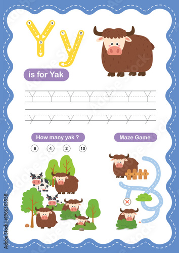 Alphabet Letter Yak Tracing Worksheet for Kids, Preschool and Kindergarten Handwriting Practice, Y is for Yak ABC Learning Printable