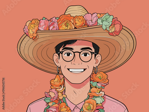 Young person wearing a large straw hat decorated with flowers and smiling brightly for a fun celebration