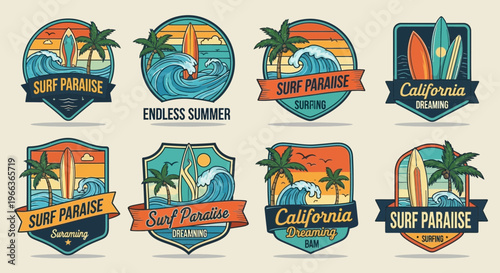 Retro Surf Badges Set: Waves, Palm Trees, Surfboards & California Vibes