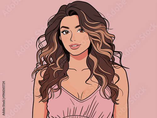 Young woman with long hair and casual outfit stands against a plain background while looking confidently at the viewer