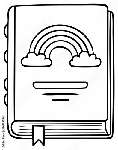 Whimsical children's book cover with rainbow and clouds in simple outline style