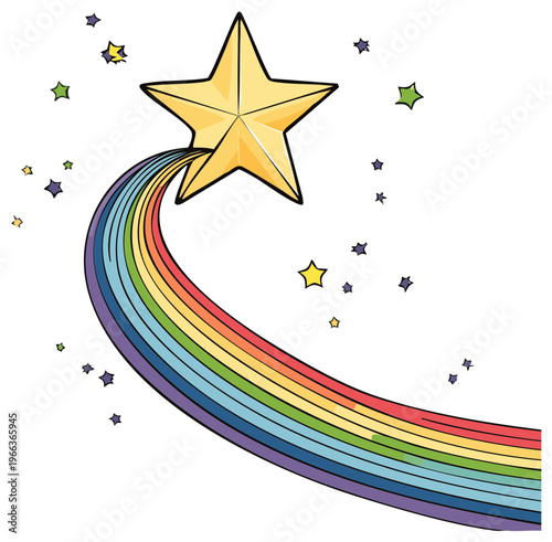 Golden Star with a Rainbow Trail Among Scattered Stars, an Illustration for a Fairytale or Children's Story
