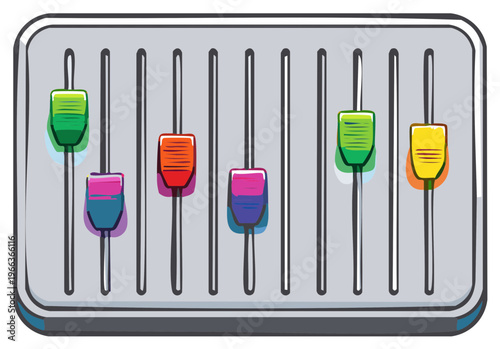 Audio Mixing Console Illustration with Multiple Brightly Colored Volume Sliders in Doodle Style