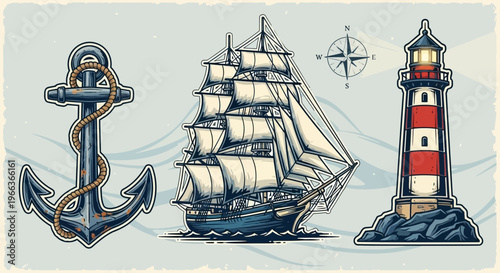 Nautical Vintage Set: Sailboat, Anchor, Lighthouse, Compass Rose