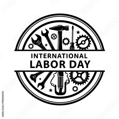 International Labor Day Commemorative Graphic Design Emblem with Industrial Tools for Celebrating Labor and Workers Rights.svg