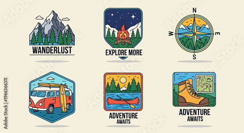 Vintage Outdoor Adventure Badges: Mountains, Camping, Van, Canoe, Compass, Boots