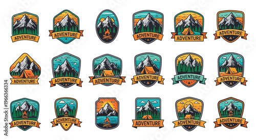 Mountain Adventure Badges: Camping, Nature, Outdoor Exploration Icons