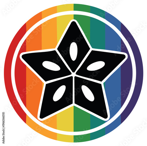 Black star icon with five arms inside rainbow circle symbol of diversity and inclusion