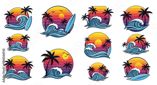 Retro Sunset Beach Waves Palm Trees Surfboard Vector Icons Set