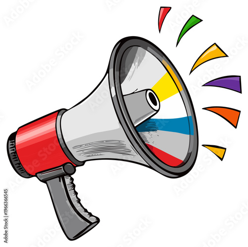 Vibrant cartoon megaphone announces with radiating sound waves in rainbow colors against a clear backdrop