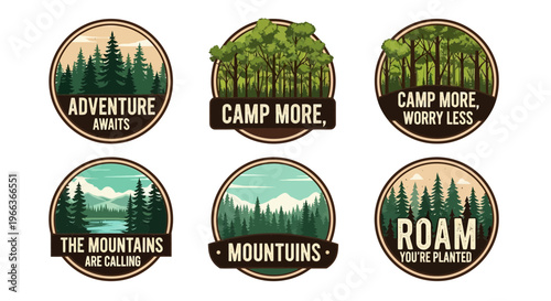 Outdoor Adventure Badges: Forest, Mountains, Camping, and Travel Graphics