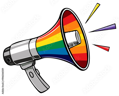 Colorful megaphone with rainbow stripes isolated on white background