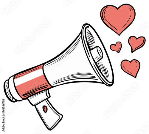 Drawn Megaphone Emitting Hearts Symbolizing Love Announcement or Positive Message