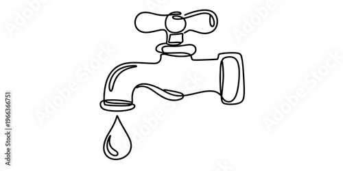 A single continuous line drawing of a water faucet with a drop falling from the nozzle isolated Vector, illustration