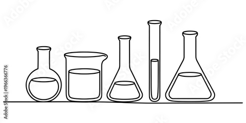A black and white line drawing of various laboratory glassware sitting on a flat surface level Vector, illustration