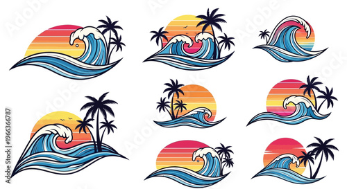 Retro Sunset Wave Palm Tree Vector Collection