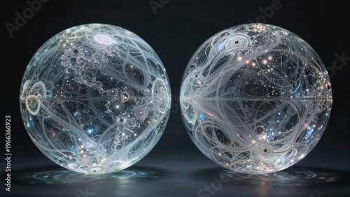 Glass orbs with intricate designs, illuminated by stars