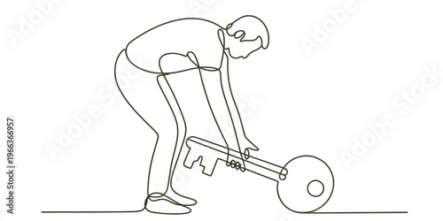 A single continuous line drawing of a person bending down to pick up a large heavy metal key object Vector, illustration